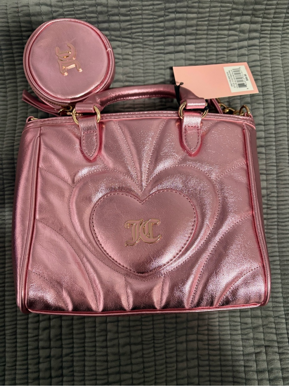 Juicy Couture Metallic Pink Heart Quilted Satchel with Coin Pouch